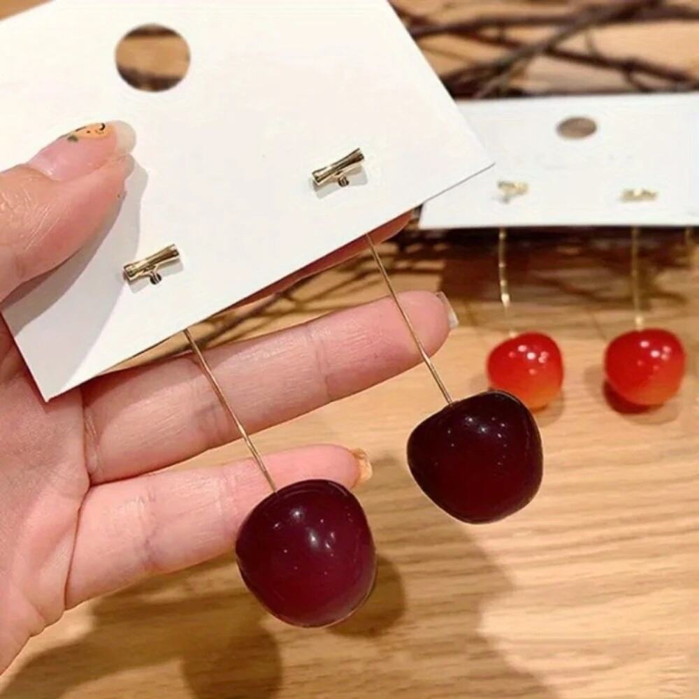 NEW Long Cherry Drop Earrings – Cute Red Fruit Dangle Statement Jewelry - Picture 5 of 5